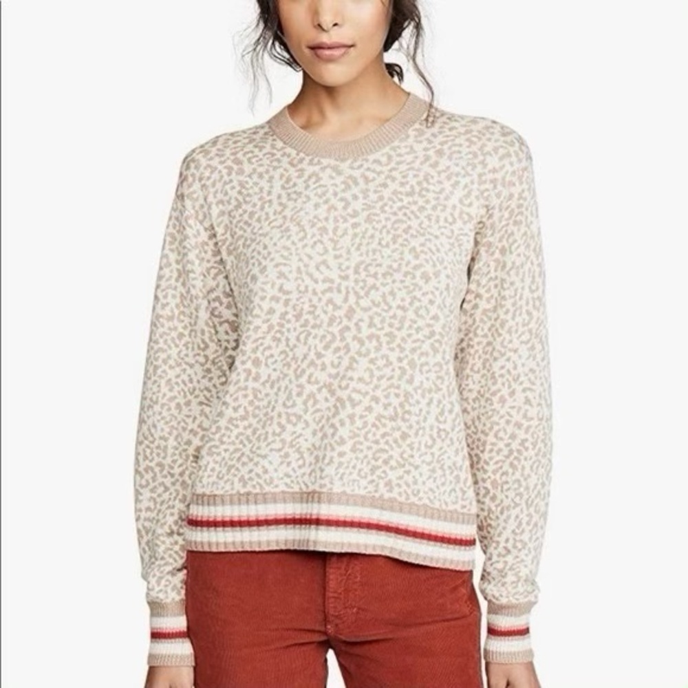 Splendid Cream Leopard Print Crewneck Sweater with Pink and Rust Trim